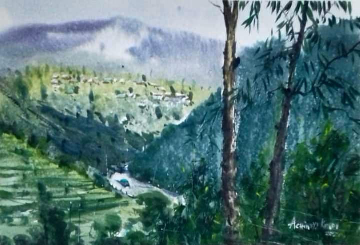 Green landscape  (ART_8867_71274) - Handpainted Art Painting - 22in X 13in