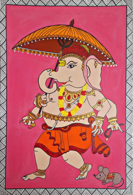 Ganesha With Mushak (ART_8835_71247) - Handpainted Art Painting - 8in X 12in