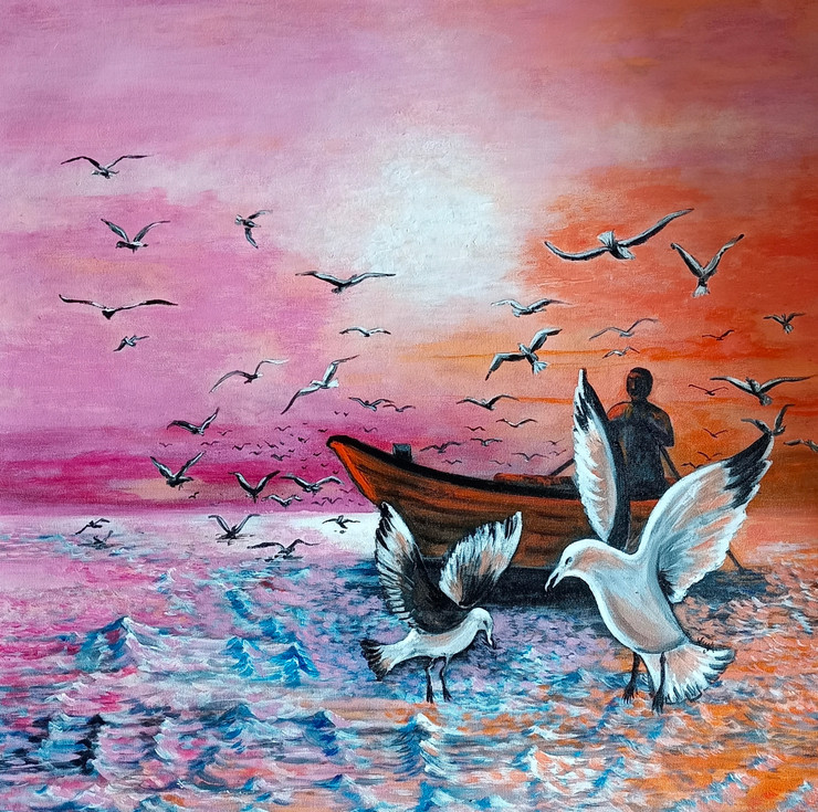 Seascape The Evening Music (ART_6775_71289) - Handpainted Art Painting - 28in X 27in