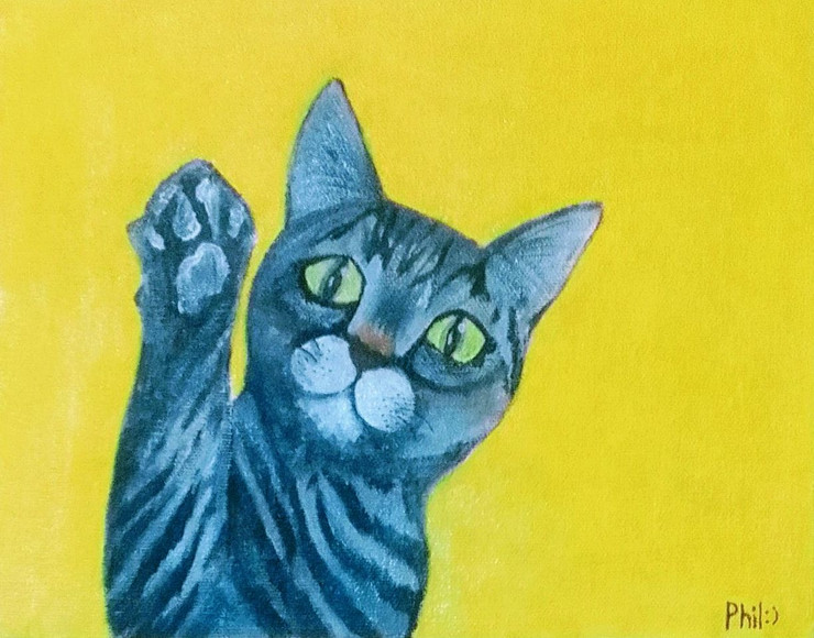 A Cat waving his paw (ART_8860_71364) - Handpainted Art Painting - 8in X 10in