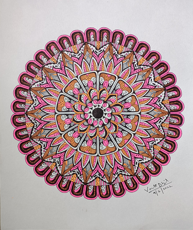 Mandala art pink and orange (ART_8874_71381) - Handpainted Art Painting - 11in X 12in