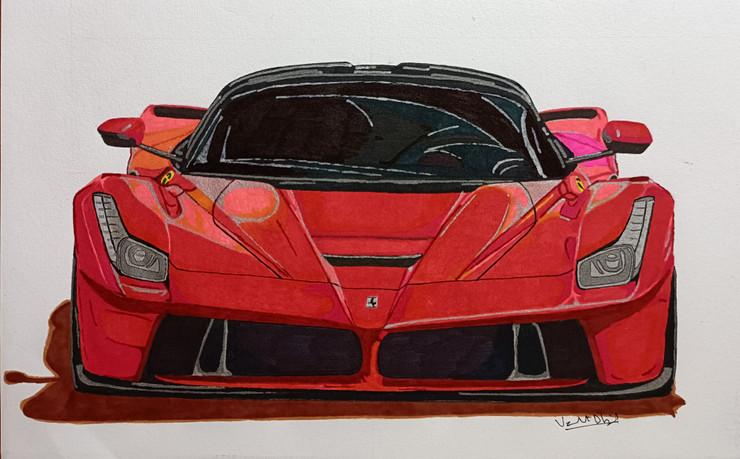 Ferrari car front illustration (ART_8874_71373) - Handpainted Art Painting - 8in X 5in