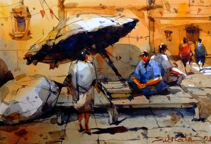Benaras Ghat (ART_8170_71469) - Handpainted Art Painting - 8in X 6in