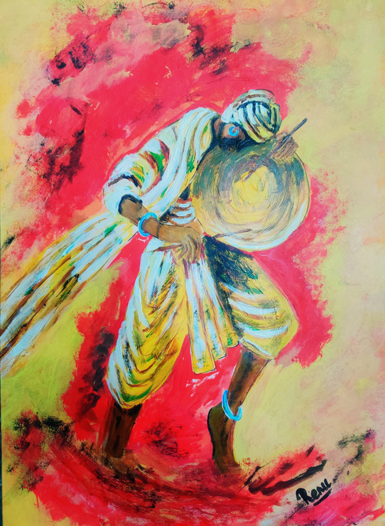 The Indian Drummer (ART_6239_71478) - Handpainted Art Painting - 10in X 15in