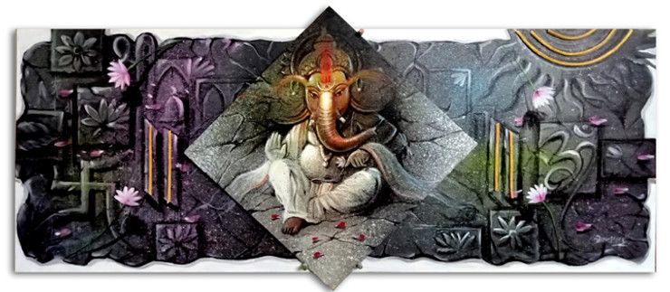 Multipiece Ganesh 1 (ART_1038_71460) - Handpainted Art Painting - 37in X 16in