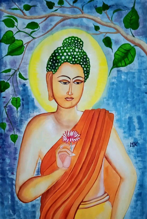 Budhha with lotus (ART_8875_71458) - Handpainted Art Painting - 15in X 22in
