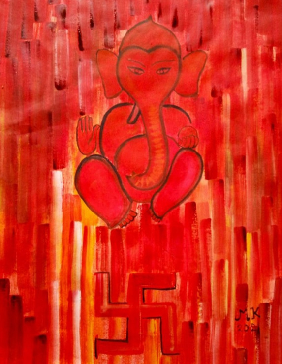 Ganesha (ART_8875_71436) - Handpainted Art Painting - 11in X 14in