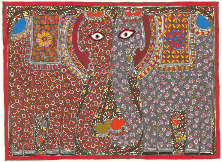 Madhubani Painting-Elephants Couple (ART_8883_71591) - Handpainted Art Painting - 30in X 22in