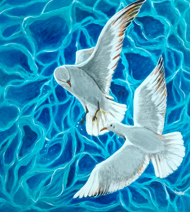 Together We Fly High - Birds Flying Above Sea (ART_6775_71529) - Handpainted Art Painting - 27in X 28in