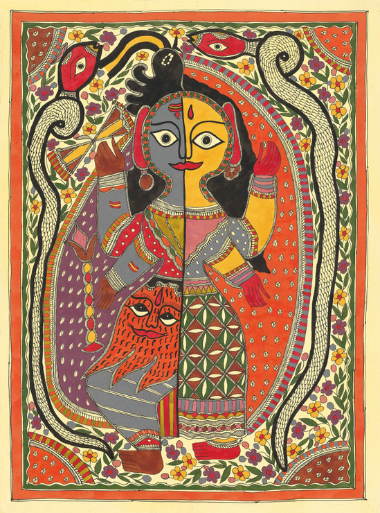 Madhubani Painting-Ardhnarishwar Mahadev (ART_8883_71643) - Handpainted Art Painting - 22in X 30in