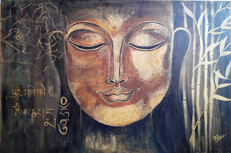 The Golden Buddha  (ART_7831_53380) - Handpainted Art Painting - 36in X 24in