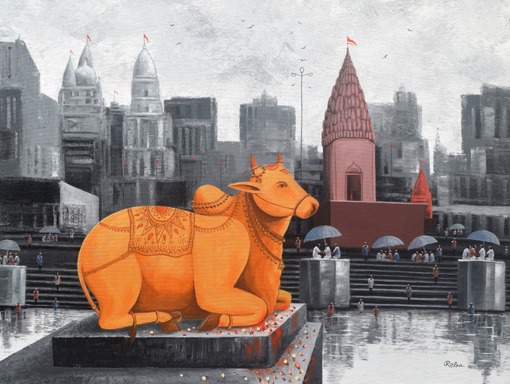 Nandi On Banaras Ghat (ART_7775_71704) - Handpainted Art Painting - 48in X 36in