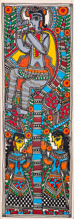 Madhubani Krishna With Gopis (FR_1523_71680) - Handpainted Art Painting - 7in X 22in