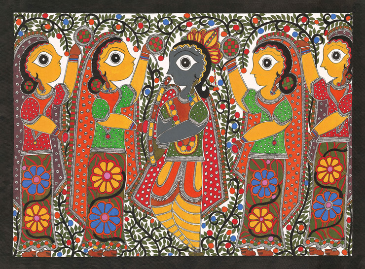 Madhubani Painting-Krishna And Gopis (ART_8883_71664) - Handpainted Art Painting - 30in X 22in