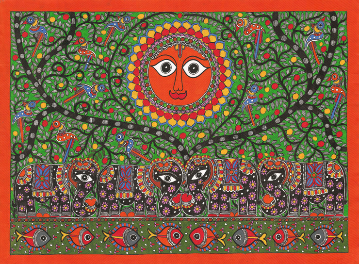 Madhubani Painting-Sun And Elephants  (ART_8883_71662) - Handpainted Art Painting - 30in X 22in