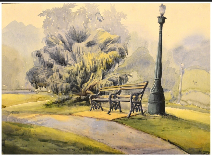 A Sitting Bench (ART_8812_71232) - Handpainted Art Painting - 28in X 20in