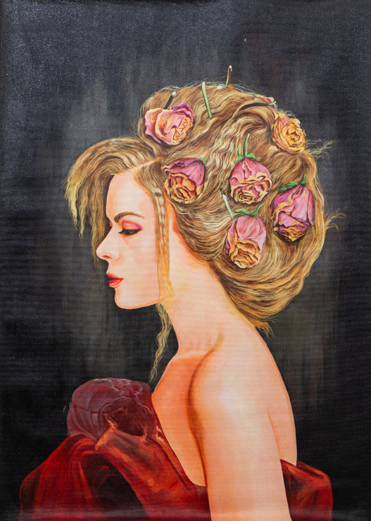 Lady with Flowers  (FR_1523_71877) - Handpainted Art Painting - 24in X 36in