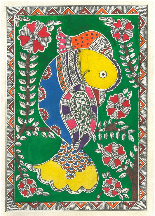 Traditional Indian Madhubani Sweet Chirpy Bird (ART_8881_71923) - Handpainted Art Painting - 8in X 11in