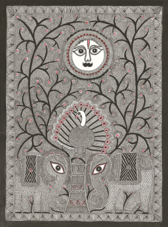 Madhubani Painting-Sun And Peafowl (PRT_8883_71903) - Canvas Art Print - 22in X 30in