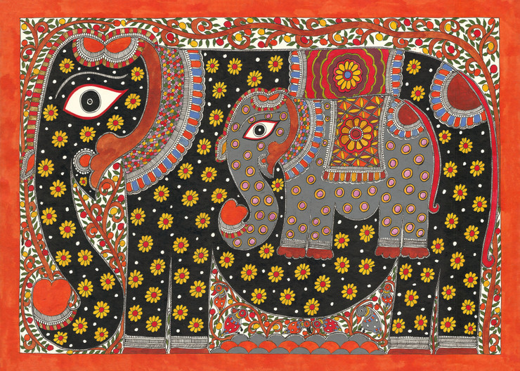Madhubani Painting-Pregnant Elephant (PRT_8883_71919) - Canvas Art Print - 30in X 22in