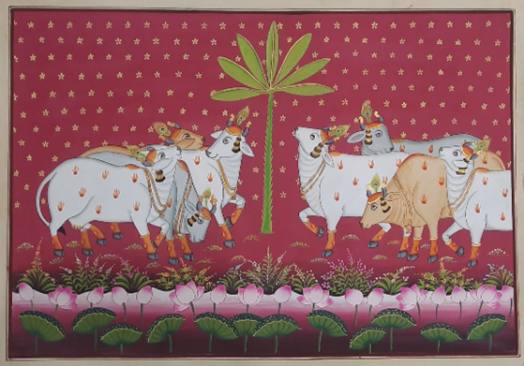 Cows Pichwai Painting (ART_8897_72004) - Handpainted Art Painting - 26in X 18in