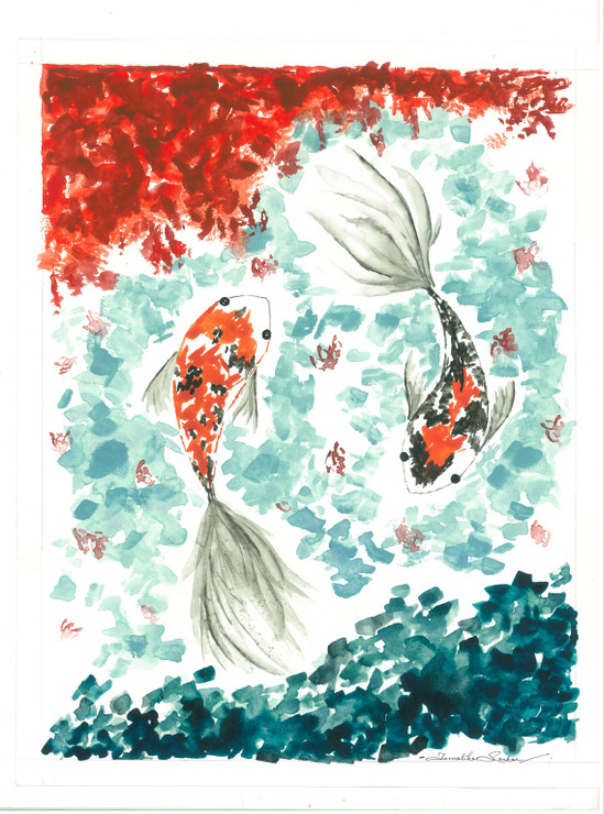 Circling Koi - two koi fish in an abstract background (ART_8905_72325) - Handpainted Art Painting - 11in X 14in