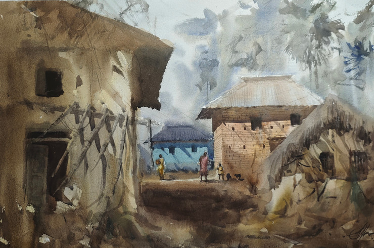 Bolpur Santiniketan village (ART_788_72256) - Handpainted Art Painting - 22in X 15in