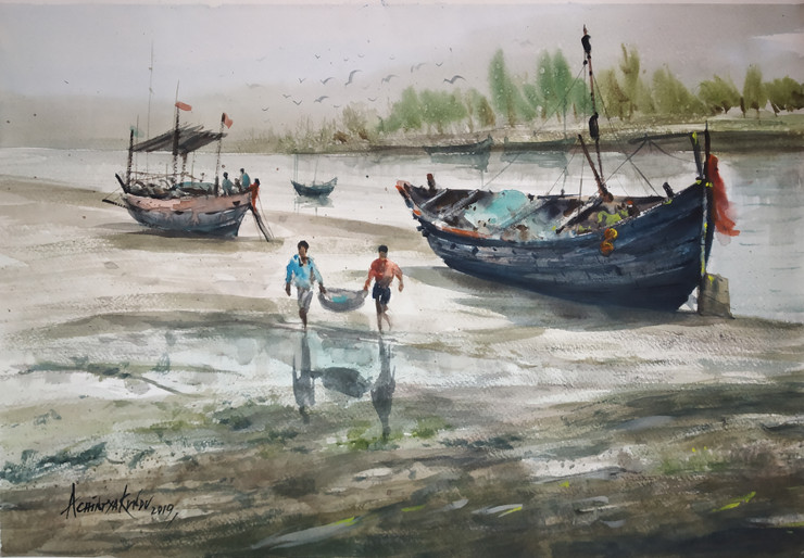 Boat (ART_8867_72407) - Handpainted Art Painting - 13in X 22in