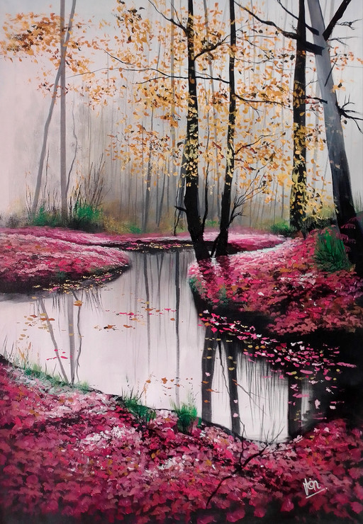Talking pond (ART_5868_72452) - Handpainted Art Painting - 23in X 35in