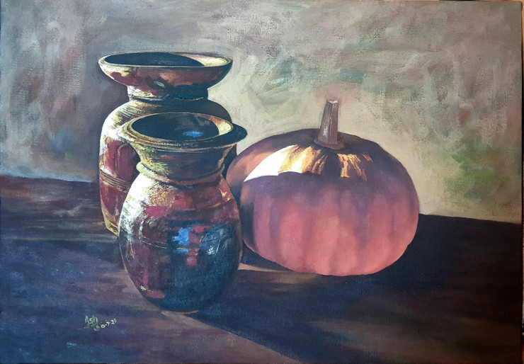 Pots and pumpkin  (ART_8909_72266) - Handpainted Art Painting - 20in X 14in