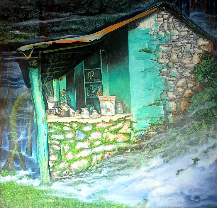 Mountain Tea Shop  (ART_8909_72242) - Handpainted Art Painting - 48in X 48in