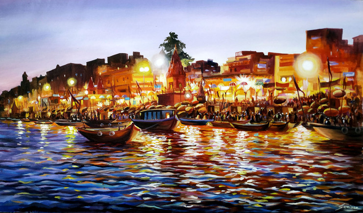 Beauty of Evening  Varanasi Ghat (ART_1232_72473) - Handpainted Art Painting - 41in X 24in