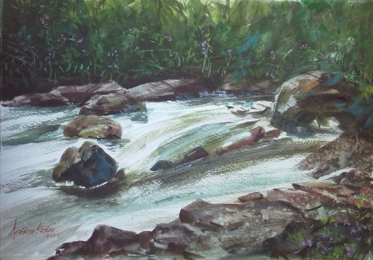 Rocky hillscape  (ART_8867_72479) - Handpainted Art Painting - 13in X 11in