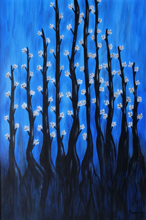 White Flowers (ART_8924_72542) - Handpainted Art Painting - 24in X 36in