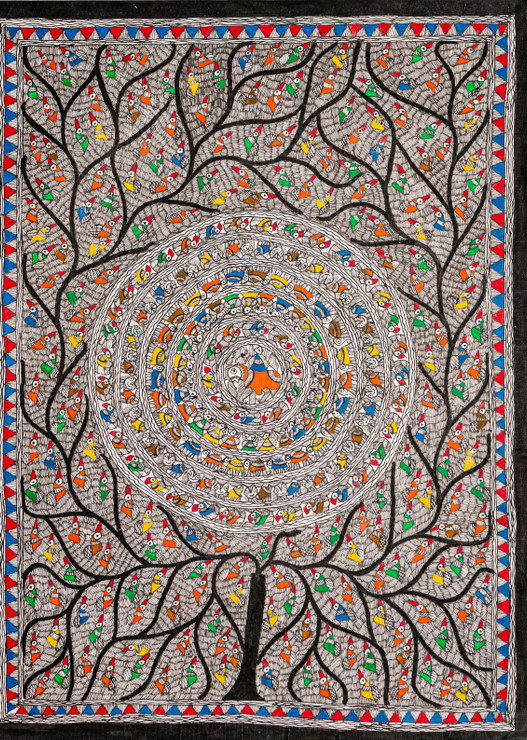 Madhubani Fishes and Trees 007 (FR_1523_72708) - Handpainted Art Painting - 22in X 30in