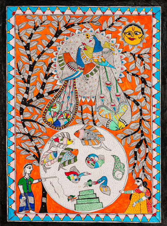 Madhubani Fishes and Peacock 006 (FR_1523_72707) - Handpainted Art Painting - 22in X 30in
