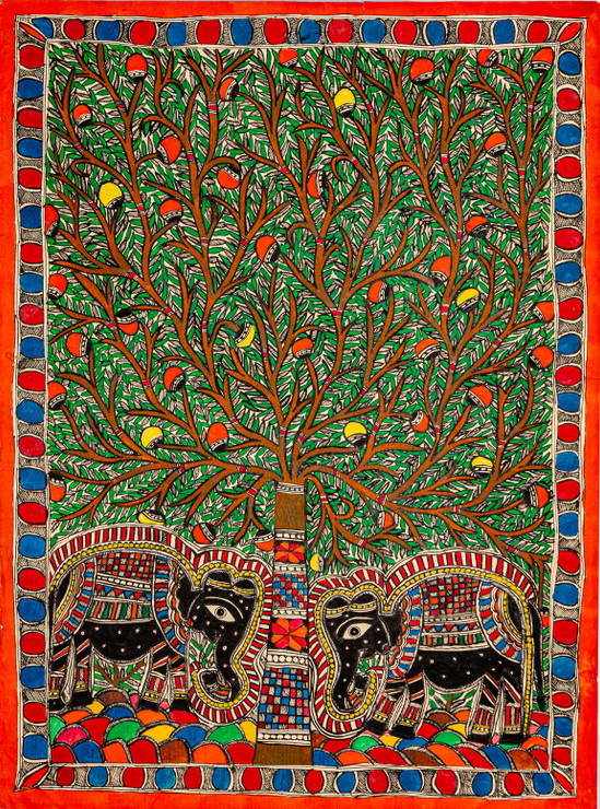 Madhubani Elephant and Tree (FR_1523_72689) - Handpainted Art Painting - 22in X 30in