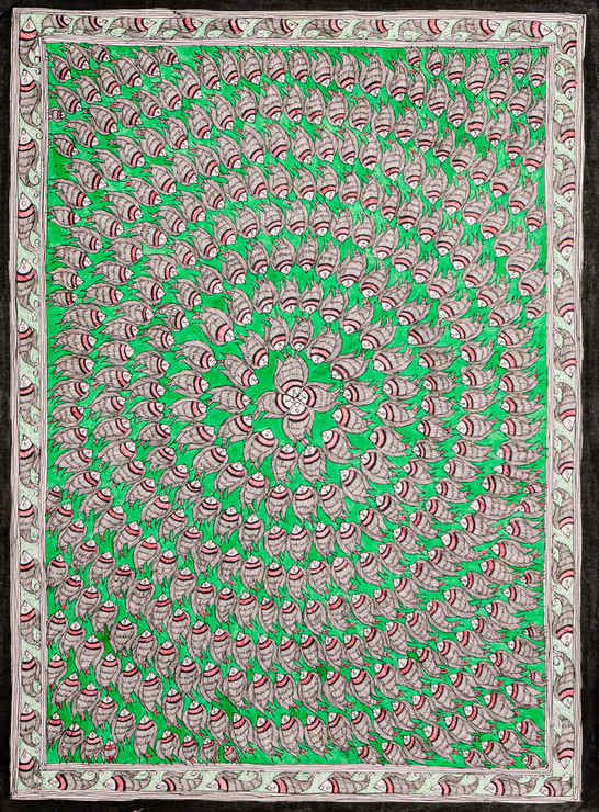 Madhubani Fishes Green (FR_1523_72678) - Handpainted Art Painting - 22in X 30in