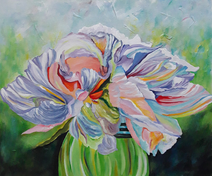 Colourful Abstract Flower In A Vase In Blue Green Background (ART_8034_72646) - Handpainted Art Painting - 12in X 10in