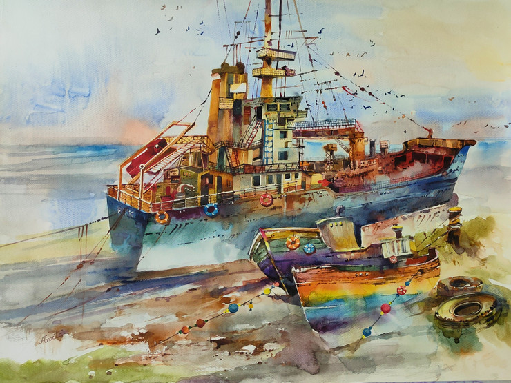 Shipyard (ART_8538_72616) - Handpainted Art Painting - 30in X 22in