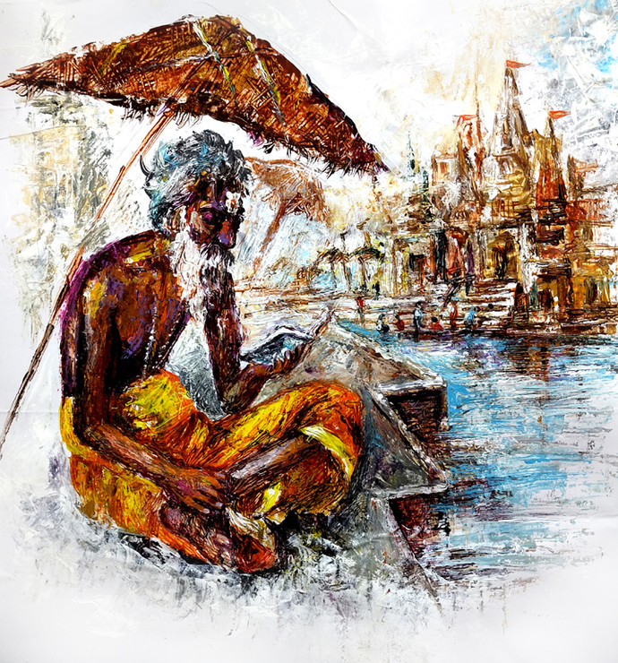 Sadhu Varanasi (ART_1038_72894) - Handpainted Art Painting - 20in X 20in