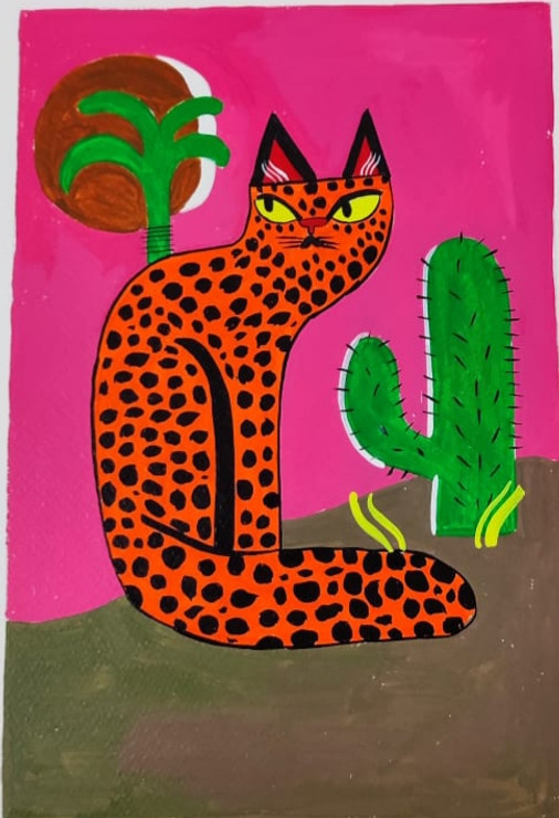 Desert cat with attitude  (ART_8779_72727) - Handpainted Art Painting - 8in X 12in