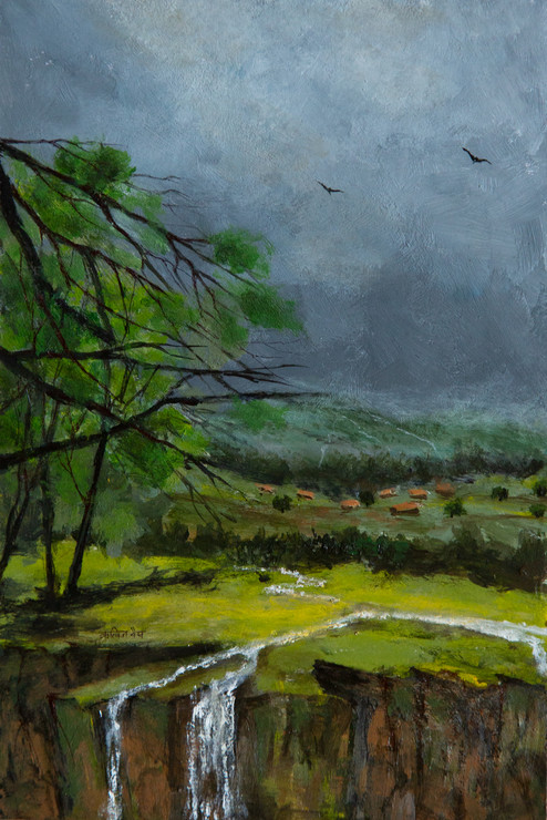 Mountain Monsoon (ART_8331_72453) - Handpainted Art Painting - 5in X 8in