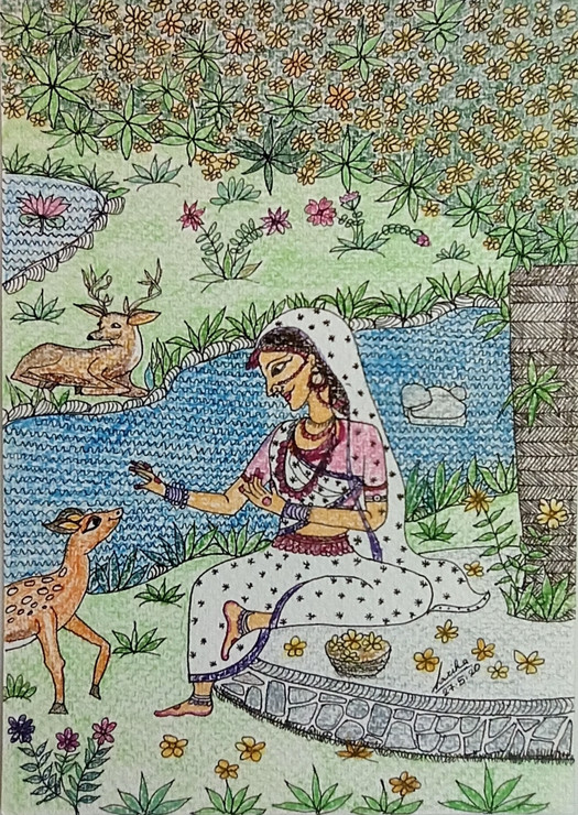 Madhubani Art- An evening by riverside (PRT_7696_51107) - Canvas Art Print - 6in X 8in