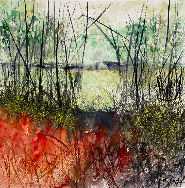 Beside a pond (ART_8841_72908) - Handpainted Art Painting - 12in X 12in