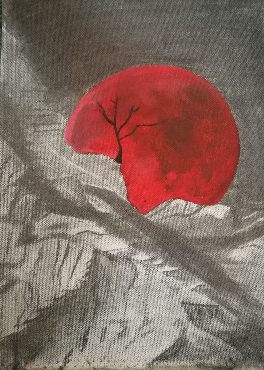 Red moon (ART_8071_73101) - Handpainted Art Painting - 7in X 12in