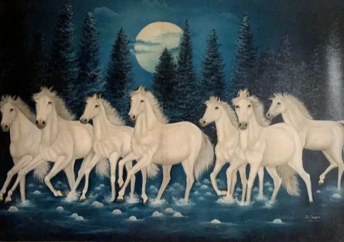“Seven White Horses Under Moonlight” (ART_8067_73078) - Handpainted Art Painting - 52in X 36in