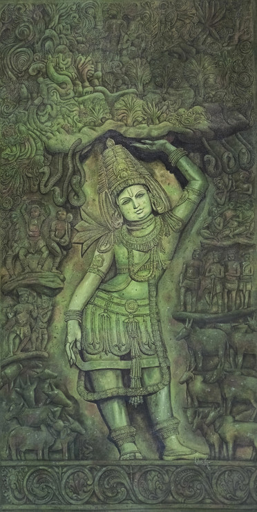 Govardhangiridhari  (ART_7141_73022) - Handpainted Art Painting - 22in X 45in