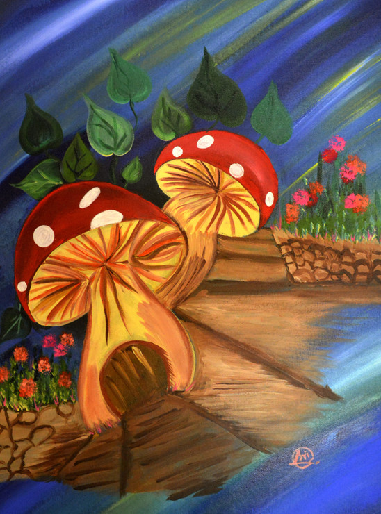 Mushroom House (ART_8580_73140) - Handpainted Art Painting - 14in X 20in