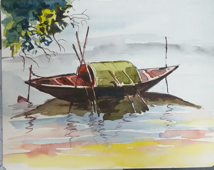 BOAT IN POND (ART_8950_73220) - Handpainted Art Painting - 10in X 8in